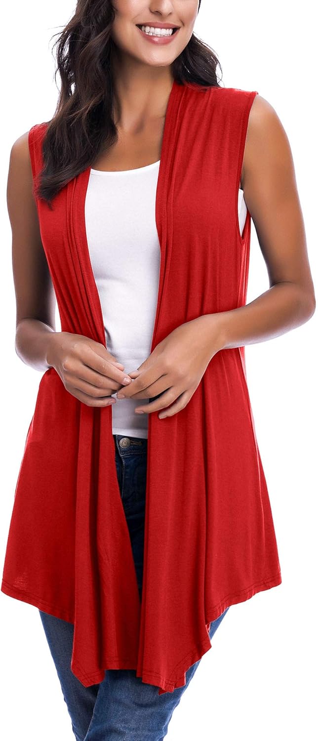 Womens Sleeveless Open Front Draped Asymmetric Hem Cardigan Vest Red Small