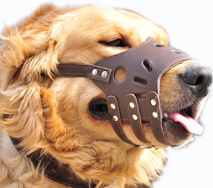 JeonbiuPet Adjustable Dog Muzzle Anti Bite Bark Allow Drink Soft Leather (L)