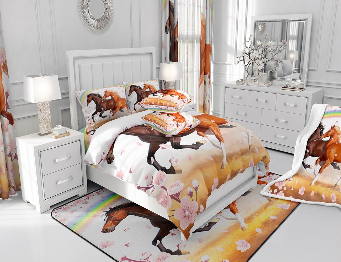 Feelyou Horse Fleece Throw Blanket for Kids Boys Girls Peach Blossom Plush Blanket Rainbow Sherpa Blanket Bedroom Decor Western Fuzzy Blanket for Sofa Bed Couch Bedding Collection,Twin 60x80 Inches