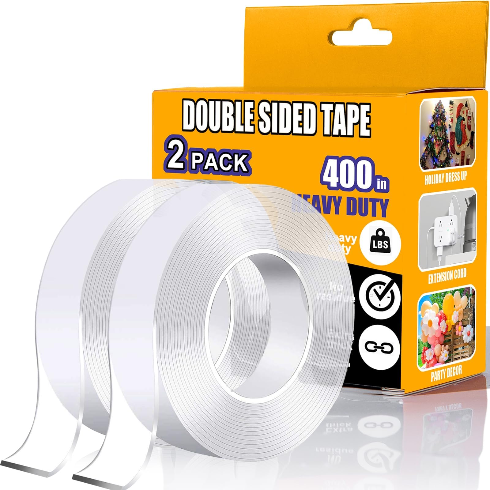 ANLOKE Double Sided Tape Heavy Duty 2 Pack, 1.2 Inch x 400 Inch ，Extra Large Nano Double Sided Adhesive Tape for Walls, Carpets, and Posters - Removable Reusable, Washable(33.3FT)
