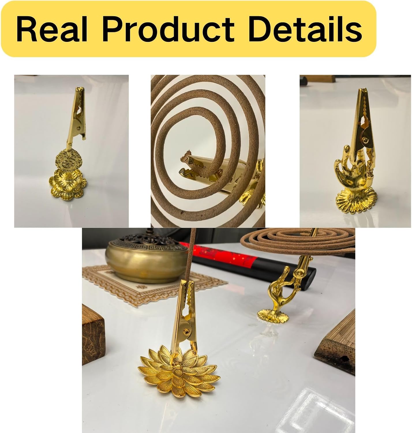 3pcs Incense Holder Clip - Brass Incense Burner Stand with Lotus Base for Yoga, Meditation, Home Office Decor, Aromatherapy Supplies