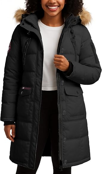 CANADA WEATHER GEAR Womens Long Puffer Coat - Heavyweight Wind Water Resistant Faux Fur Hood Parka Winter Jackets for Women