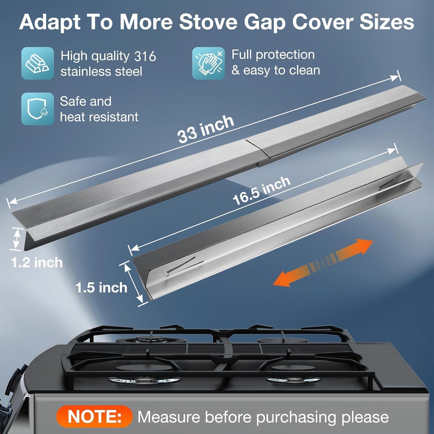 Eveanro 2PCS Kitchen Stove Counter Gap Covers, Stainless Steel Gap Cover, Cooktop Trim Kit, Stove Gap Guards, Oven Gap Filler, Heat Resistant & Effectively Protect Stove Gap Filler 16.5-33inch Silver