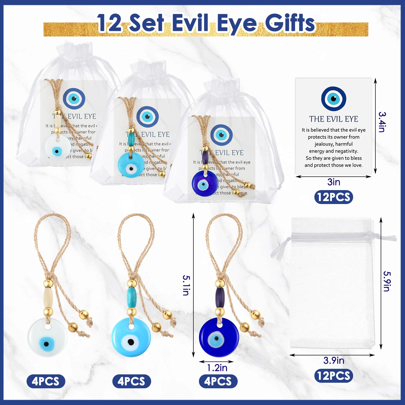 Skylety 12 Set Evil Eye Charm Keychain Greece Glass Car Hanging Evil Eye Pendant Luck Turkish Amulet Gifts for Wedding(Classic Color)