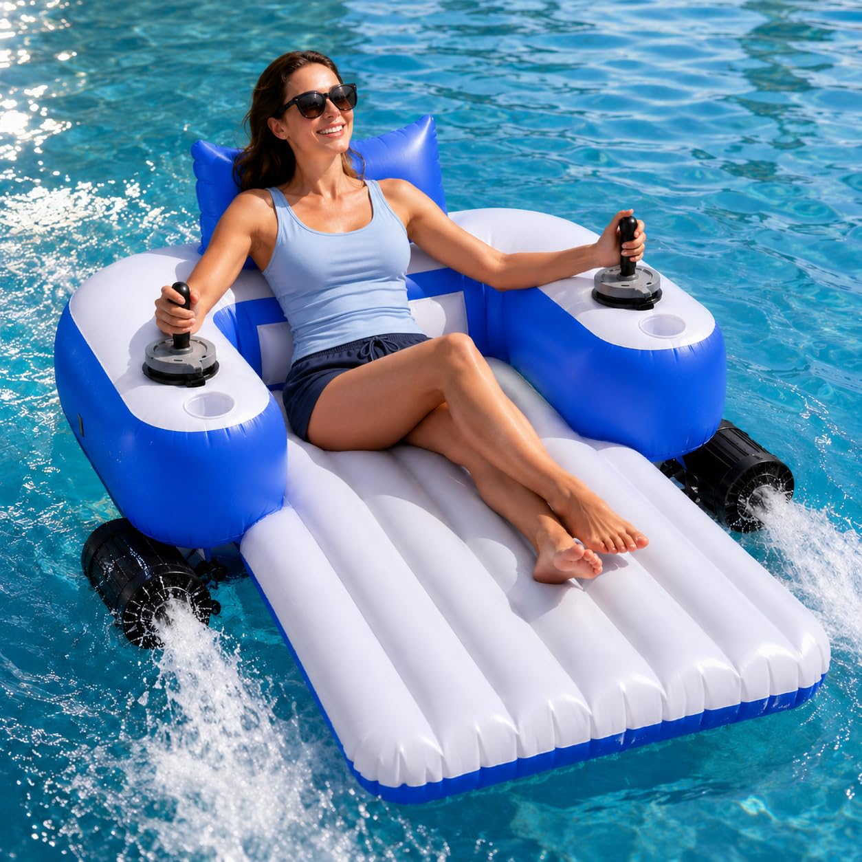 pedenencelia Rechargeable Electric Pool Float, Motorized Inflatable Lounger for Adults with Joystick Steering, Built-in Propeller, Backrest, Cup Holder, Foldable Water Float for Pool Lake B