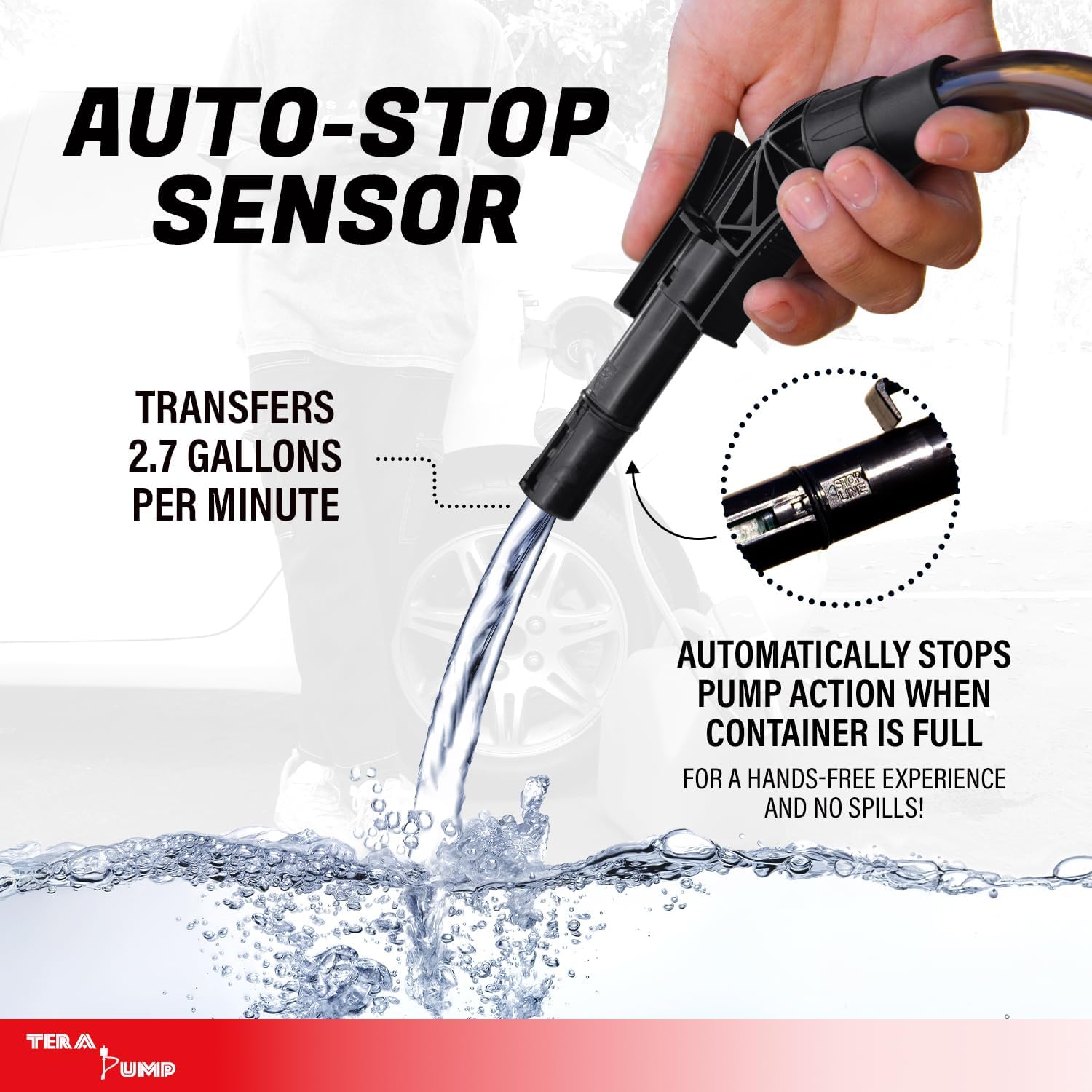 TERA PUMP Fuel Transfer Pump for Gas and Diesel (Upgraded 5th Gen) - 39" Strong Vinyl Hose w/Battery Powered Auto-Stop Sensor Nozzle for Overflow Protection with Built-In Universal Adapter (2.7GPM)