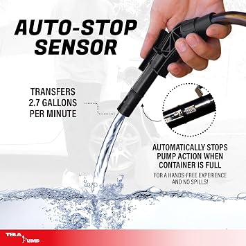 TERA PUMP TRFA01 Battery Powered Gas Fuel Transfer Pump (5th GEN) | Auto-Stop, 3.25-ft Long Hose, Electric Siphon Pump For Gasoline, Diesel, Kerosene