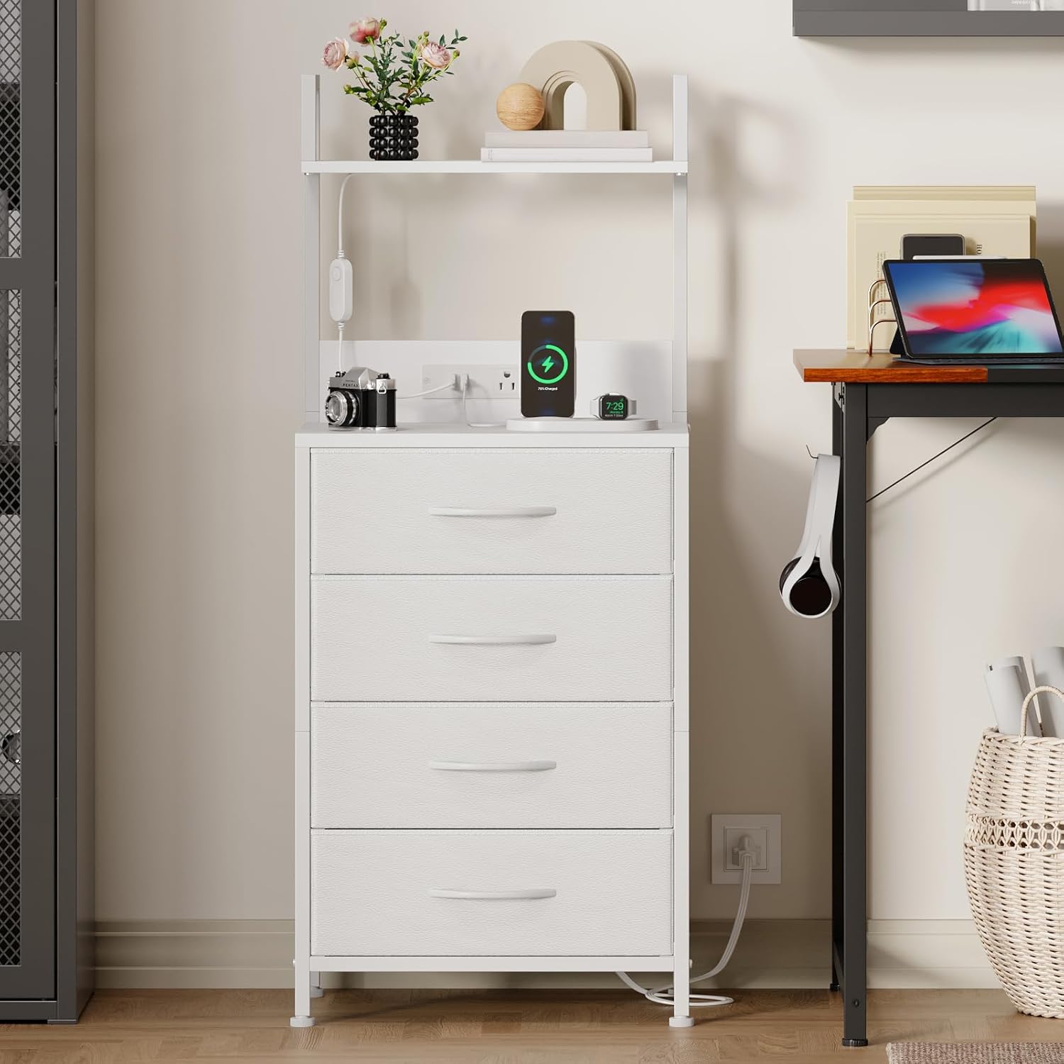 Somdot White Nightstand with Charging Station and LED Lights, Bedside Table Tall Night Stand with 4 Fabric Drawers and Top Shelf for Bedroom Guest Room Dorm Hallway