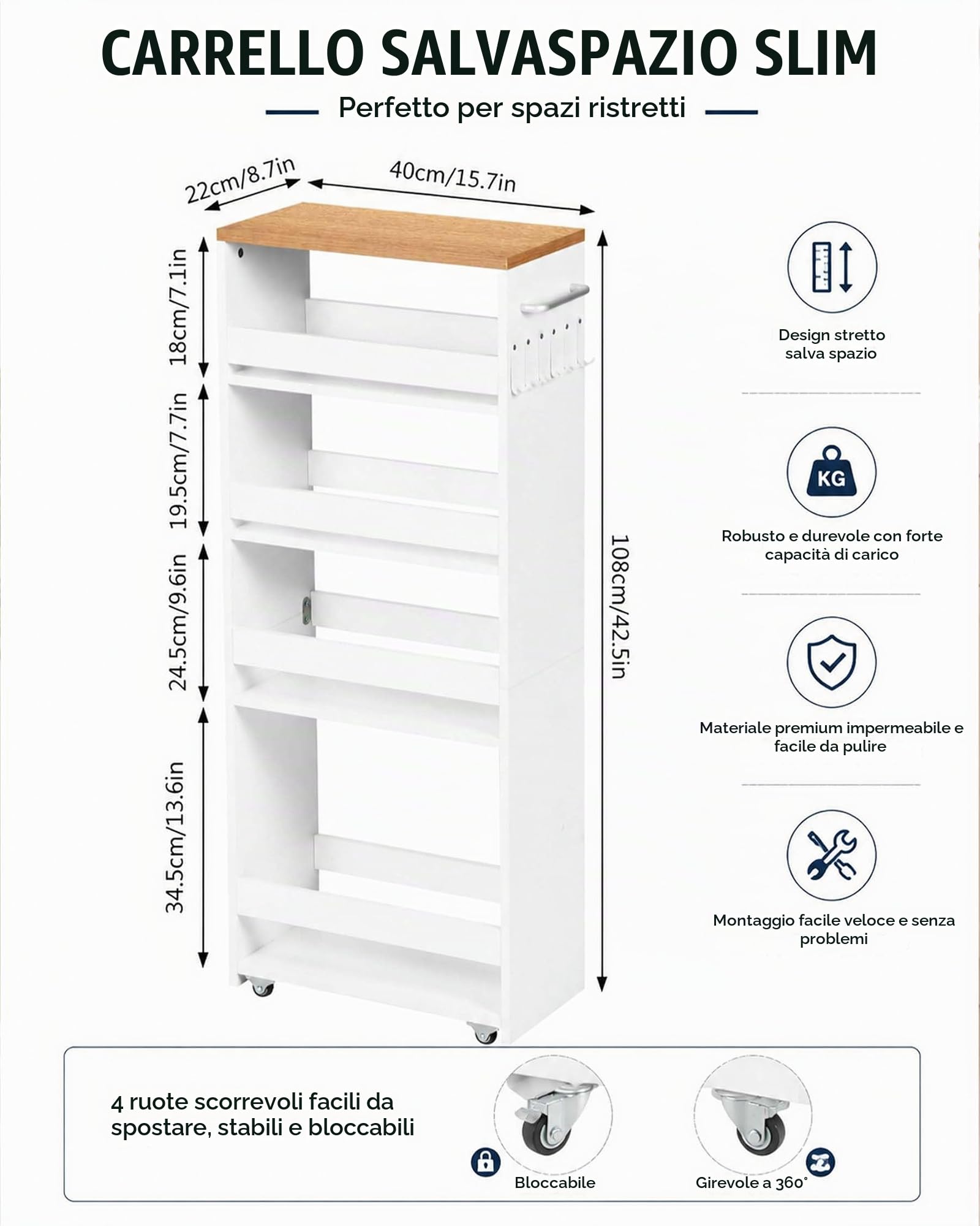 Carrello Portatutto Stretto Bianco da Cucina 5 Ripiani 40×22×108cm | Quattro ruote, due con freno, facilitano lo spostamento; la maniglia laterale e i ganci offrono spazio aggiuntivo.