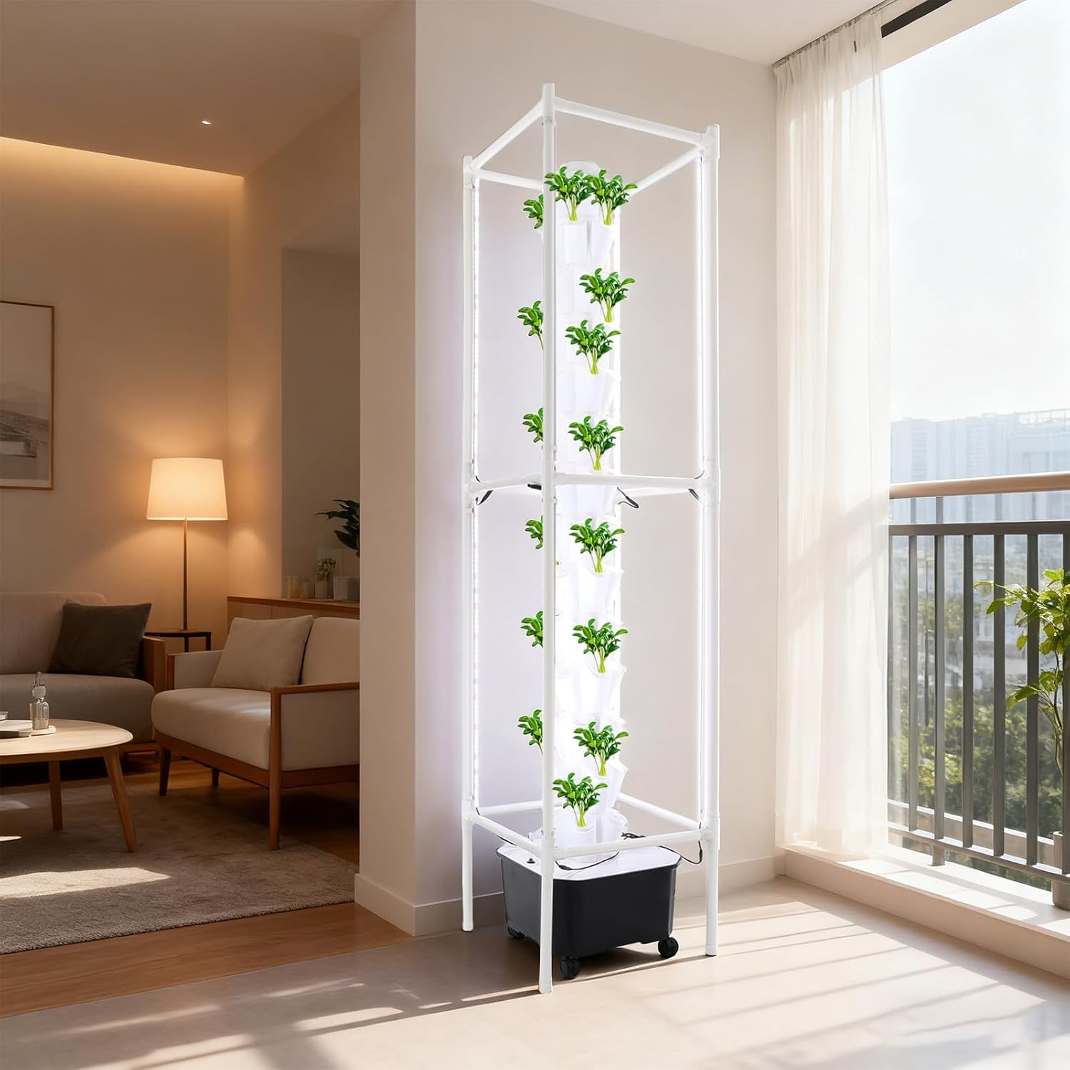Hydroponic Growing System Kit - 70 Pods Large Vertical Hydroponics Tower with 8 LED Light Strips, 14-Tiers Smart Indoor Herb Garden for Kitchen Office Winter Balcony Planting (White)