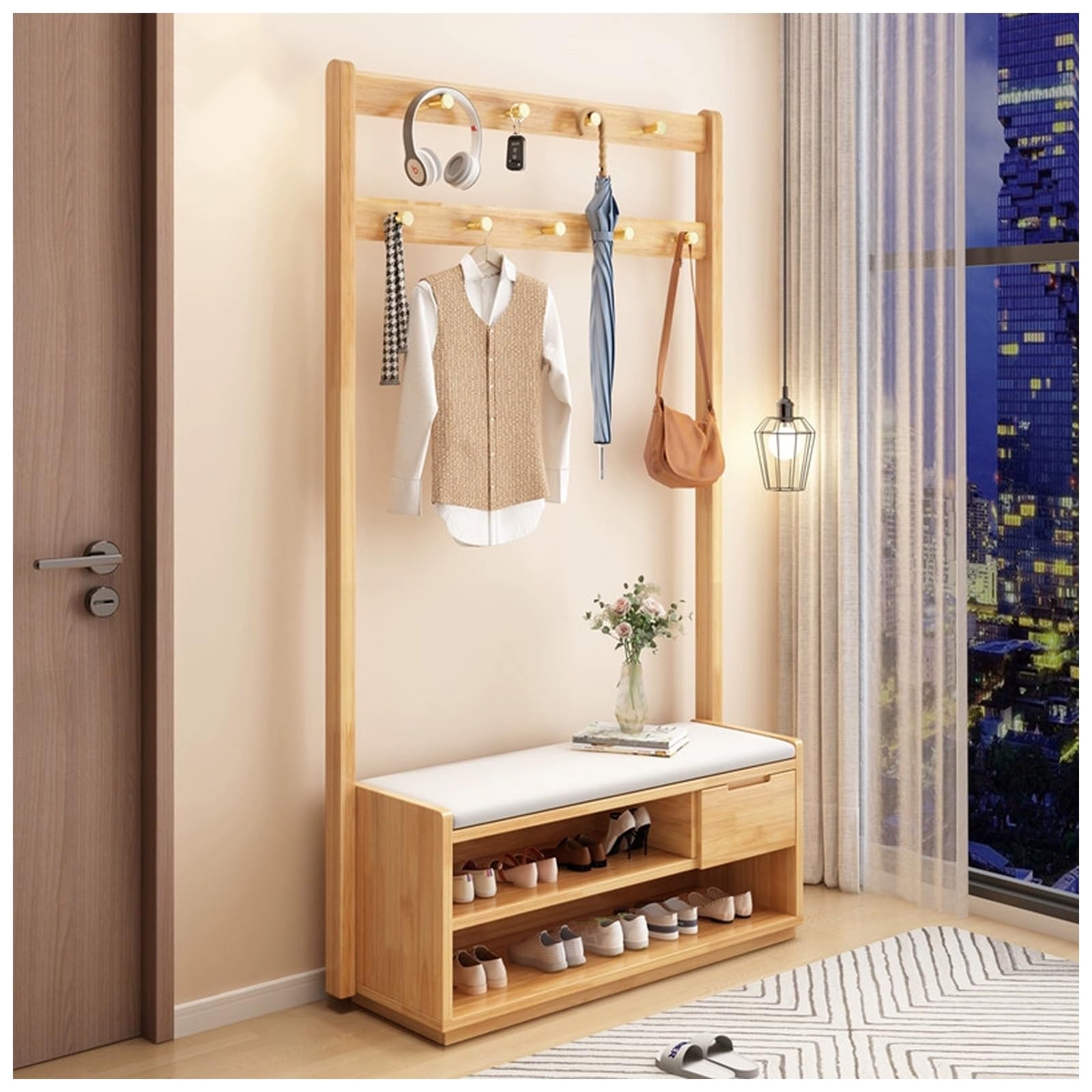 FGXHHS Hall Tree with Bench, Entryway Bench Coat Rack, Mud Room Double Hooks and Storage Tree, Shoe Rack Organizer, for Foyer, Front Door(B,L100*W33CM/L39.3*W12.9IN)