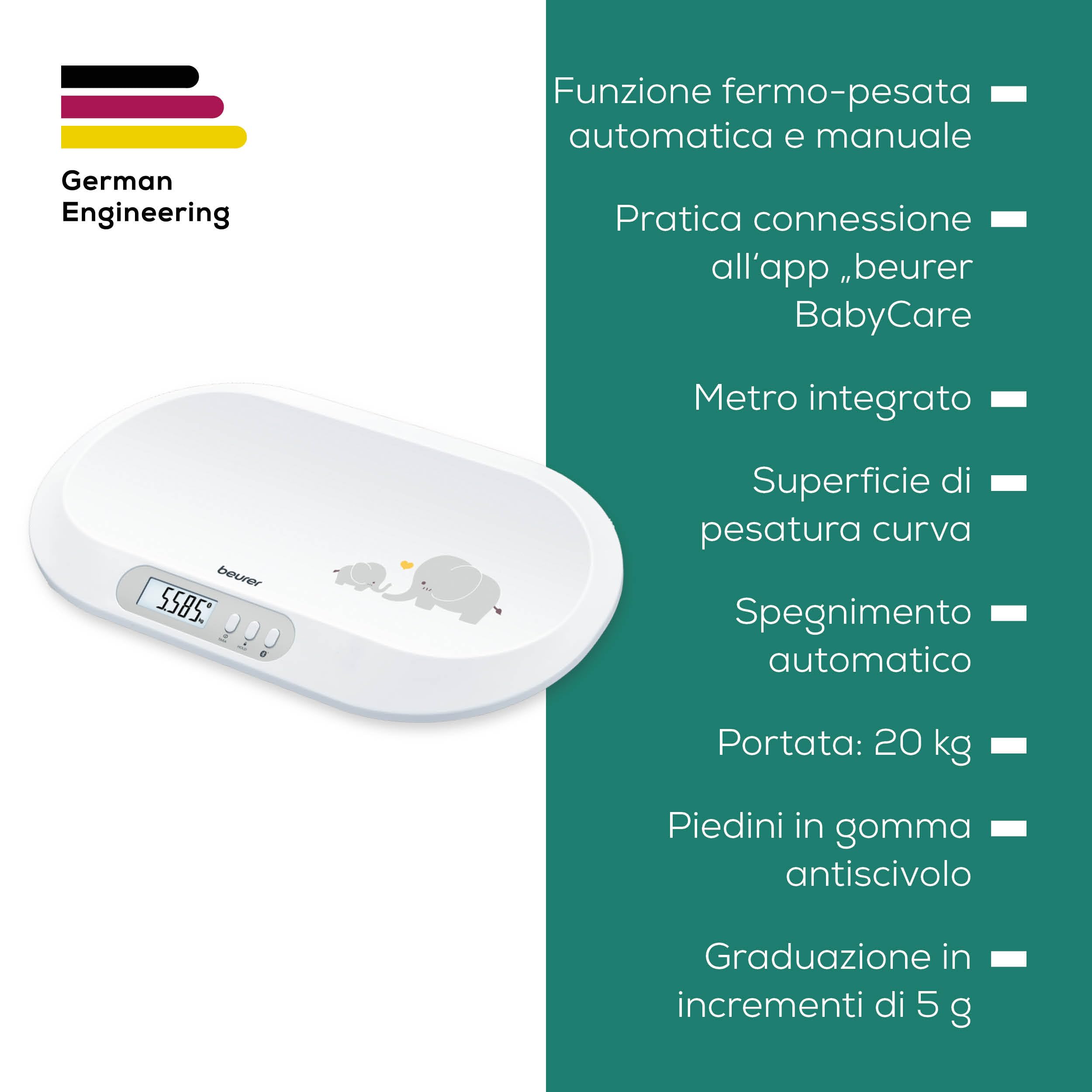 Beurer BY 90 Bilancia Pesaneonati Digitale con Connessione Bluetooth e App Beurer BabyCare, Portata 20 kg, Metro Integrato, Funzione Tara e Fermo-Pesata, Display LCD Ampio, 10 Memorie