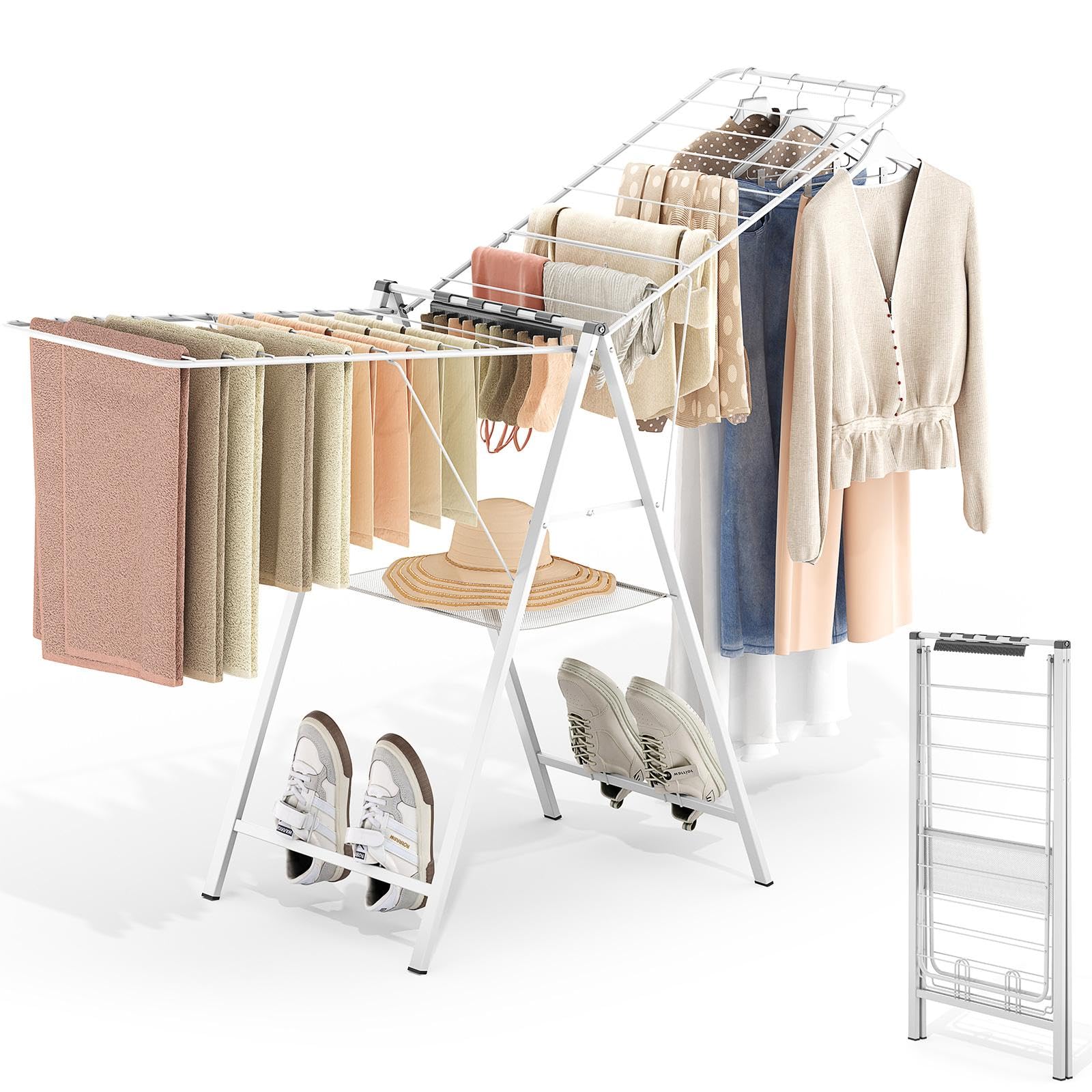 SYKIARIOL Clothes Drying Rack Foldable, Height Adjustable Clothes Airer, Metal Drying Rack Laundry, Portable Airers Clothes Indoor & Outdoor For Sweater (White)