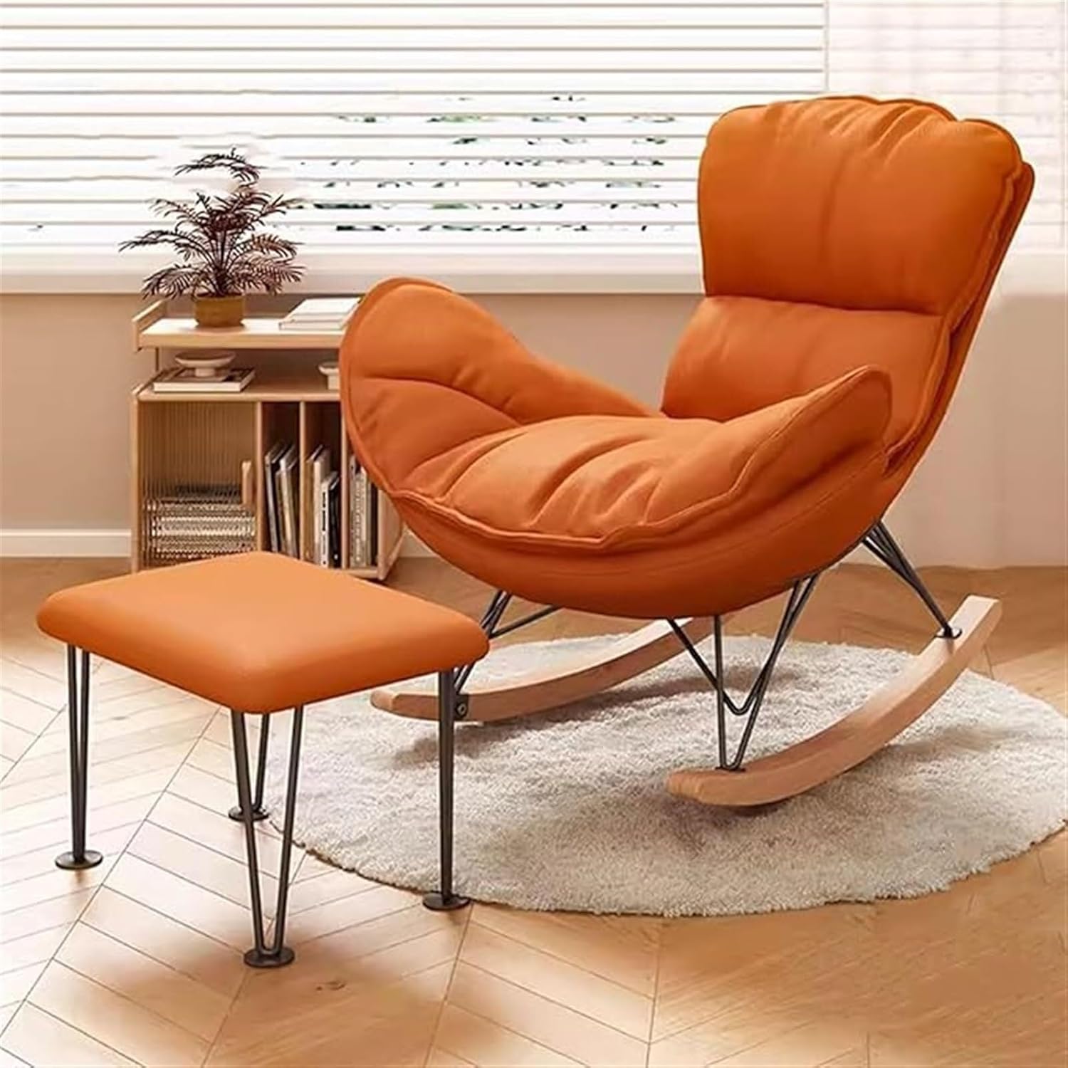 Leisure Sofa Bedroom Rocking Chair Faux Leather Living Room Chair with Ottoman Mid Century Rocker Recliner,Upholstered Rocking Chair Comfy Chair(Orange)