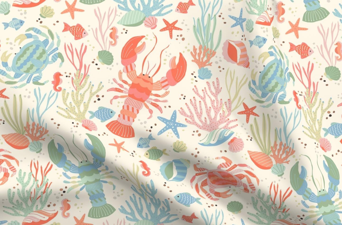 Spoonflower Fabric - Pastel Nautical Whimsical Coastal Summer Beach Crustacean Shrimp Crab Printed on Petal Cotton Fabric Fat Quarter - Sewing Quilting Apparel Crafts Decor