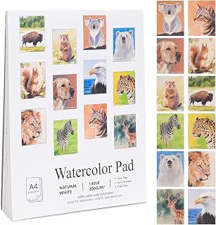RGBMIX Watercolor Coloring Book 12 Sheets Animals Watercolor Book for Adults 9x12'' Watercoloring Paper Pad Stress-Relief Painting Book Art Supplies 100% Cotton Paper