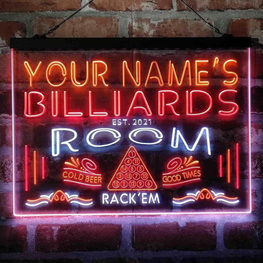 Personalized Billiards Room Tri-Color LED Neon Light Sign Customize Name Date Text Quote Font White & Red & Orange 13 x 8.7 Inches st9s32-pj1-tm-wro