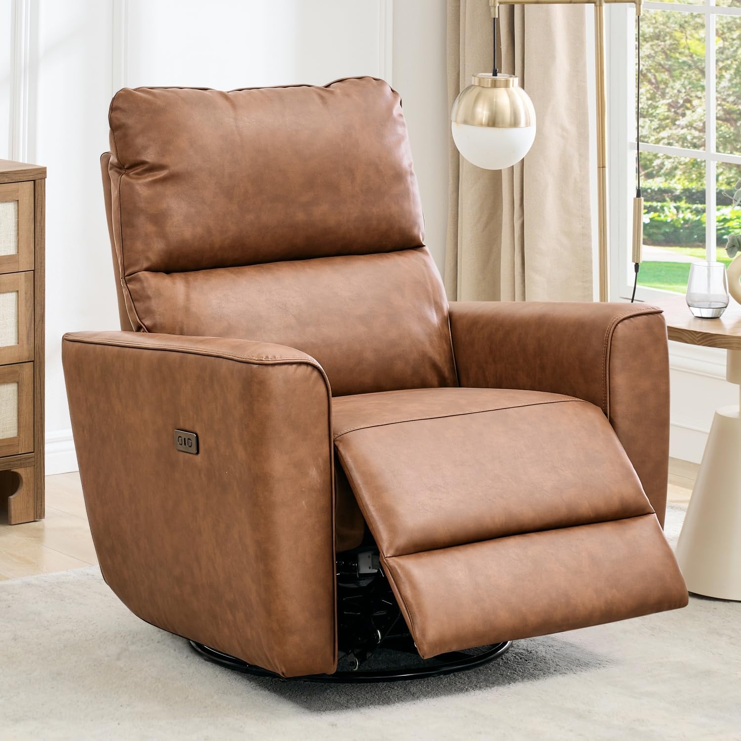 Power Recliner Chair Swivel Glider Upholstered Faux Leather Nursery Rocker Reclining Sofa Chair with Charging Port, Curved Armrests & Padded Backrest for Living Room and Bedroom (Brown)