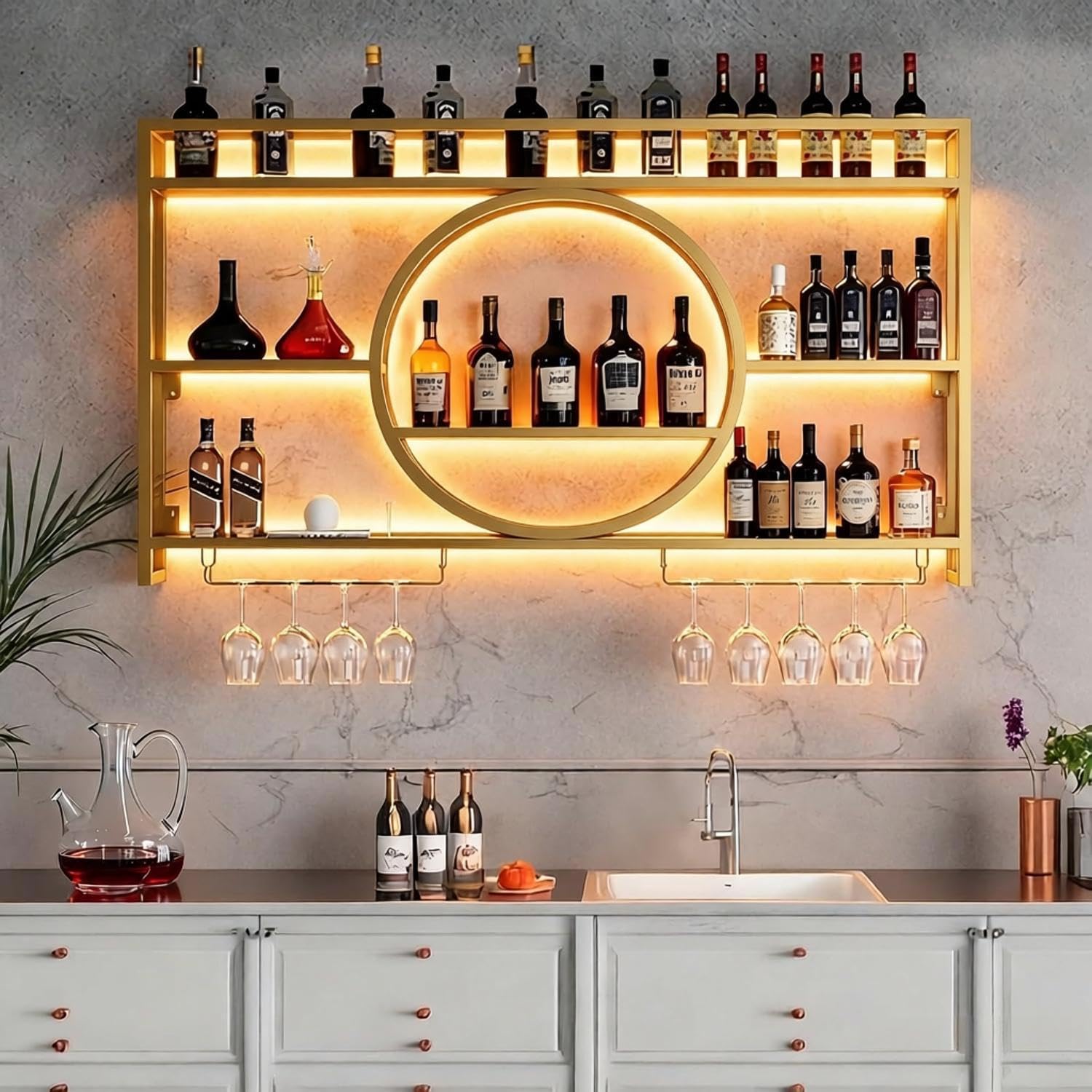 Moderno portabottiglie a LED, 100 cm, in metallo dorato e vetro, design per bar, ristoranti e casa, elegante display con illuminazione, perfetto per gli amanti del vino e gli intrattenitori