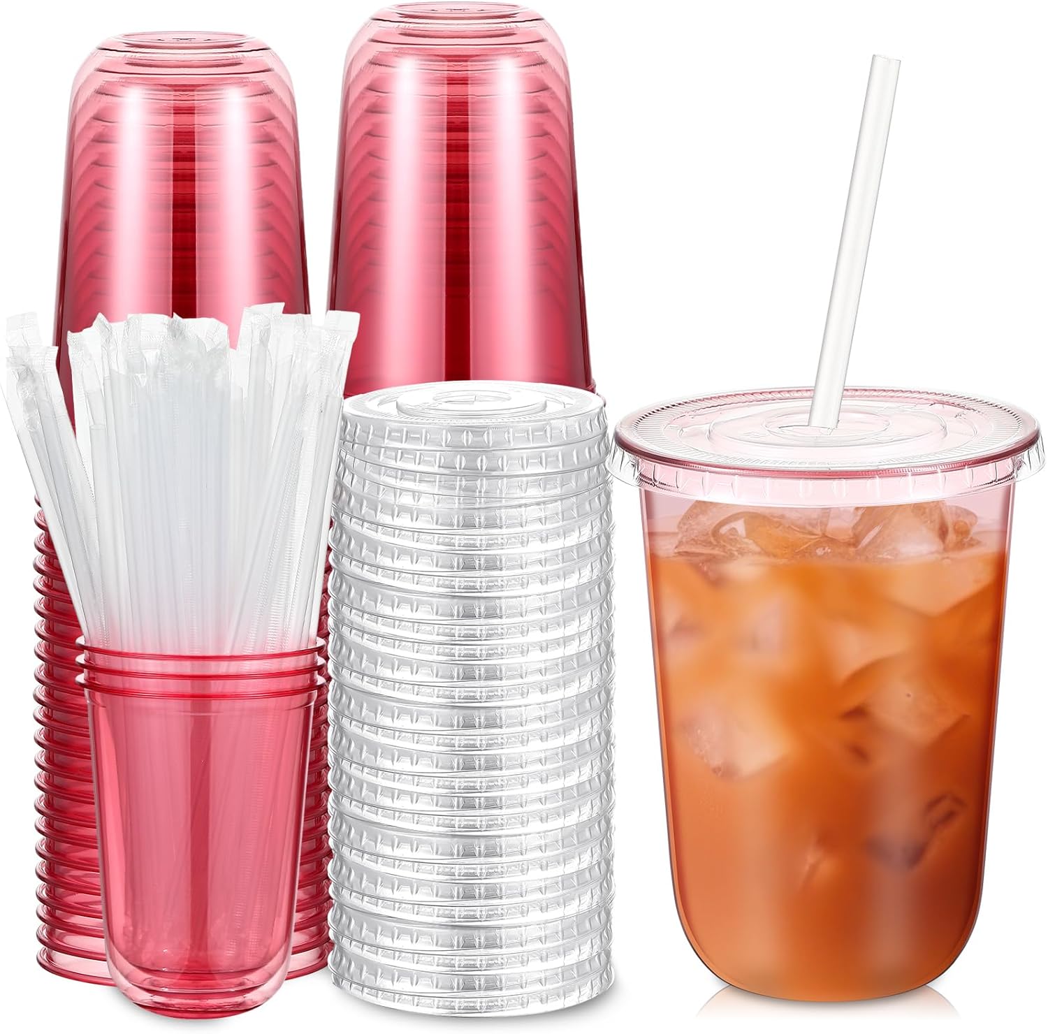 50 Sets Clear Plastic Cups with Lids and Straws, Disposable Iced Coffee Cups Drinking PET for Cold Drinks, Juice, Smoothie, Coffee Shops, Party, Christmas(Pink,16 oz)