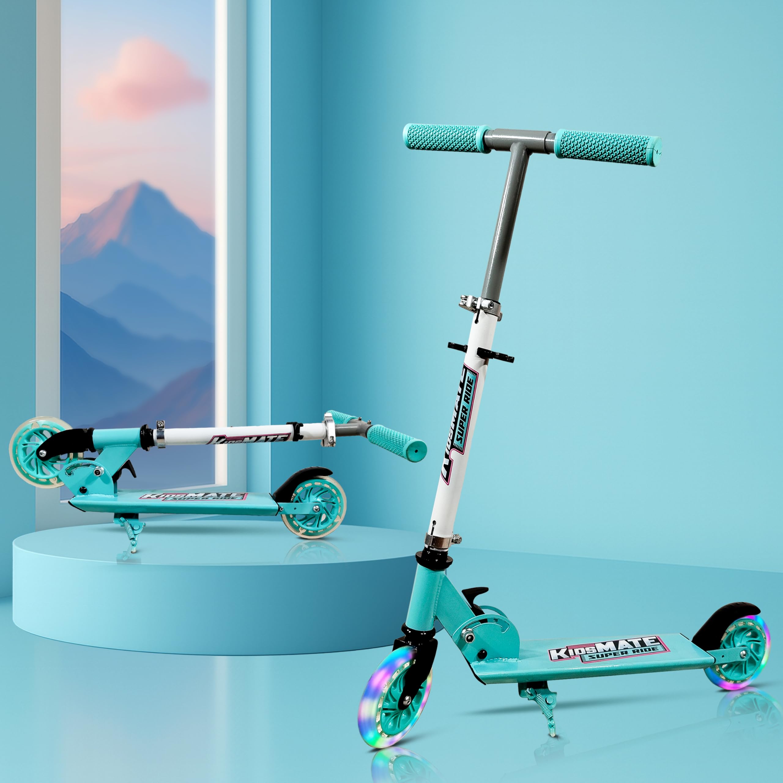 Kidsmate Super Metal Kick Scooter with LED Flashing Wheels | Fun Ride with 4 Level Height Adjustable & Anti-Slip Deck | Easy to Fold & Lightweight Kids Scooter for Boys & Girls 3+ Yrs - Sea Green-image-41