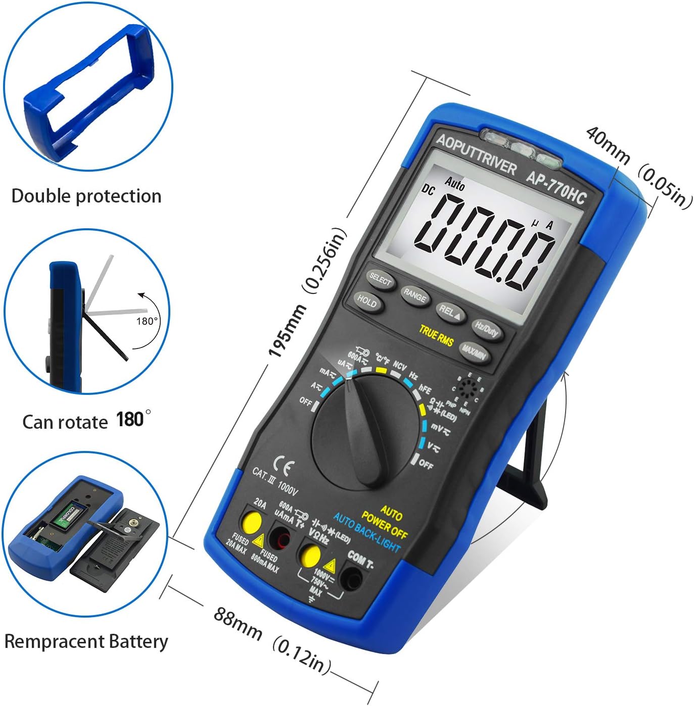 Diagram showing the multimeter's dimensions, double protection, rotatable kickstand, and battery compartment access