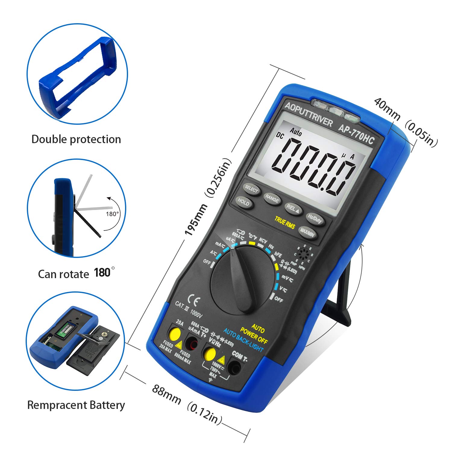 Side and back view of the AOPUTTRIVER AP-770HC Digital Multimeter, highlighting its double protection casing, 180-degree rotatable kickstand, and accessible battery compartment.