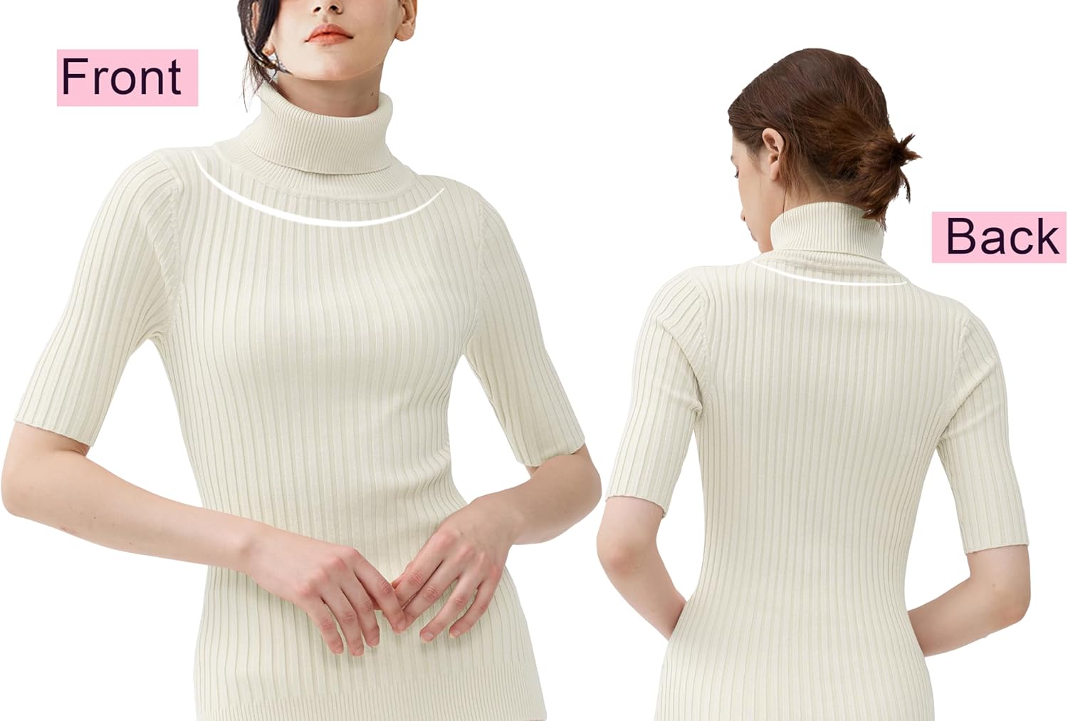 v28 Women Turtleneck 1/2 Half Sleeve Highly Stretchy Ribbed Knit Fitted Sweater - Image 2