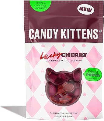 Candy Kittens Lucky Cherry Gummy Sweets - Gourmet Plant Based Sweets with Real Fruit Juice - Gelatin Free, Soft Squidgy Cherry Dice, Premium Vegan Friendly Snacks - 140g Each, 1 Pack