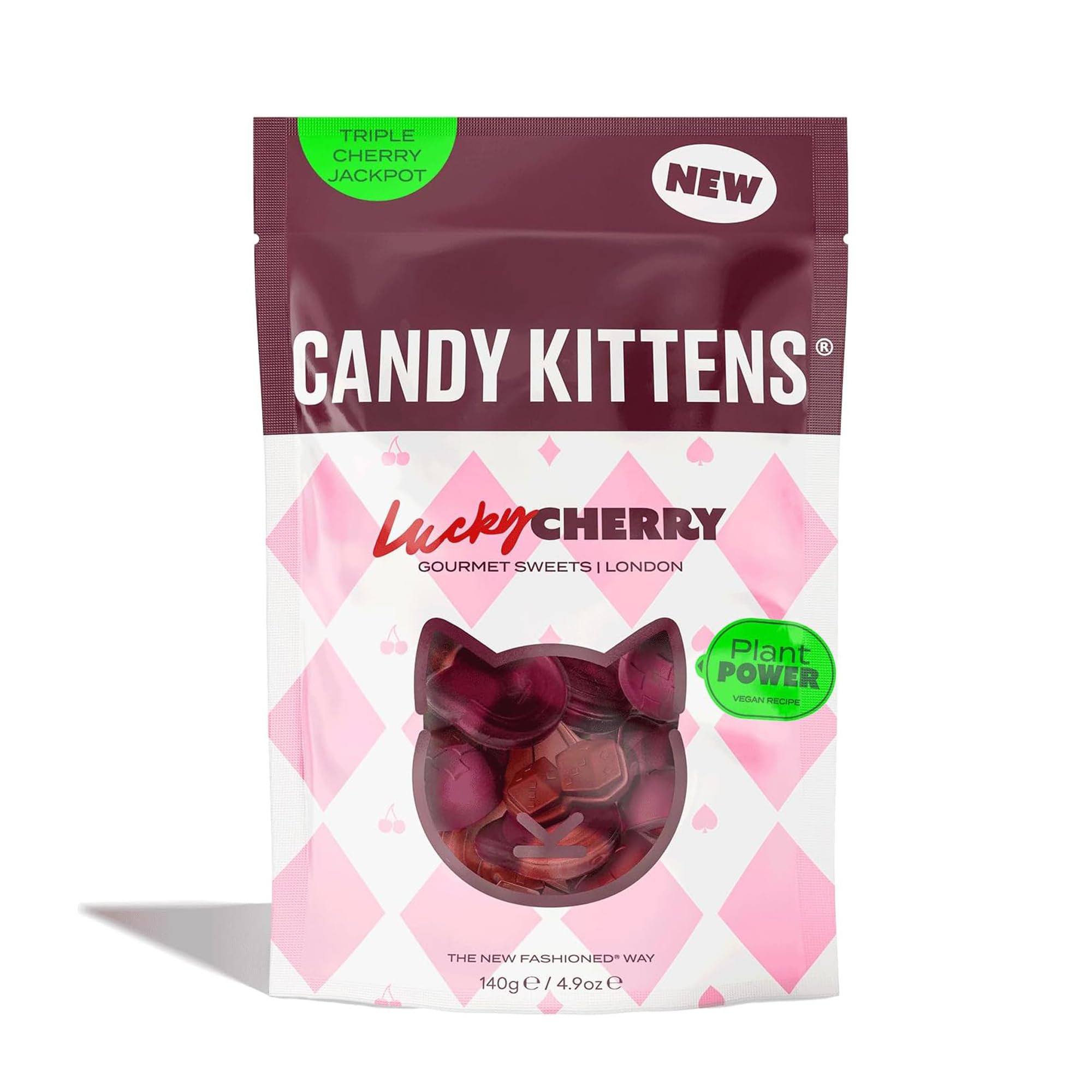 Candy Kittens Lucky Cherry Gummy Sweets - Gourmet Plant Based Sweets with Real Fruit Juice - Gelatin Free, Soft Squidgy Cherry Dice, Premium Vegan Friendly Snacks - 140g Each, 1 Pack