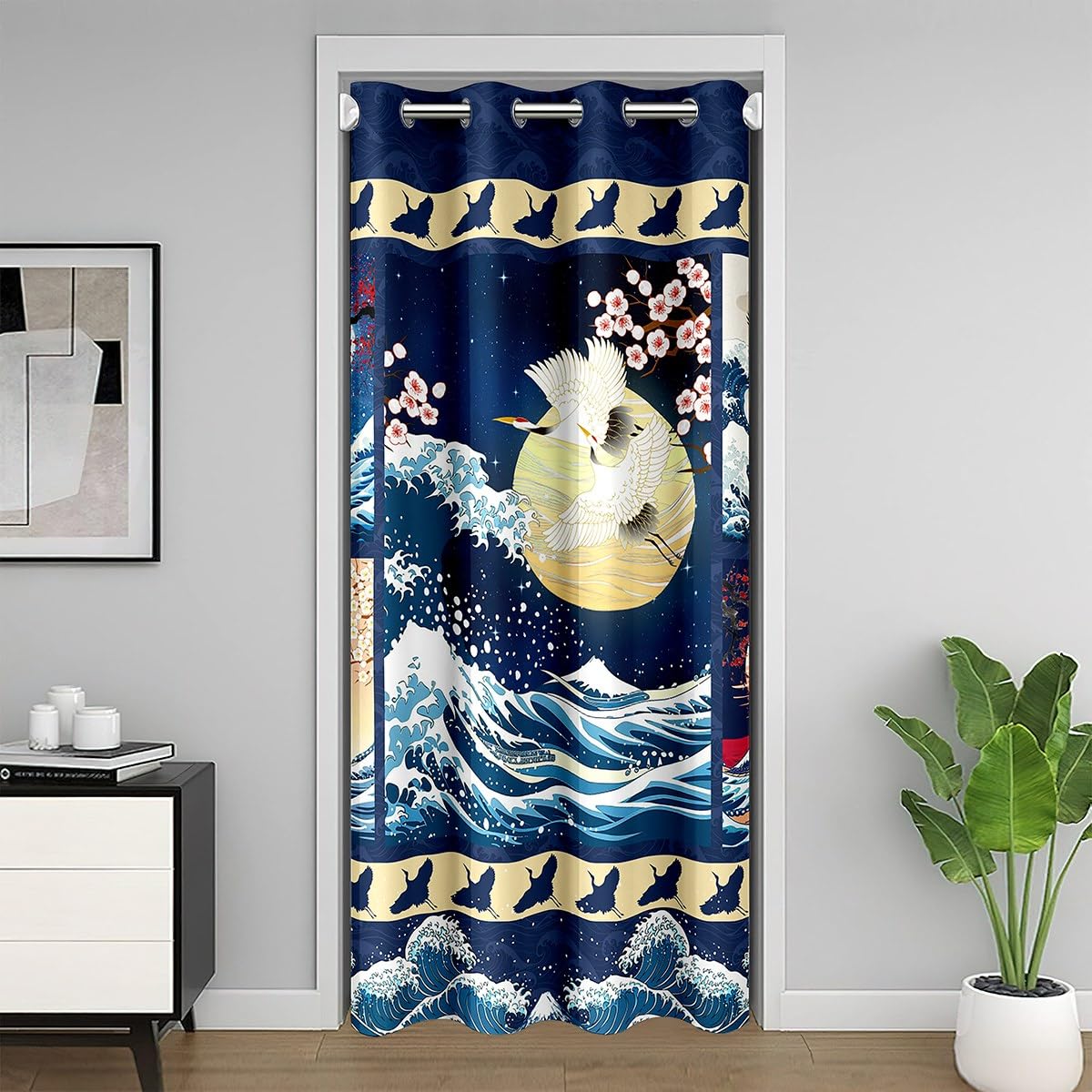 Homemissing Japanische Welle Türvorhang 86x203cm Japanischer Kran Zimmer Divider für Kinder Jungen Mädchen Kirschblüten Vorhang für Innentür Raumteiler Ozean Japanischer Stil Plaid Vorhang