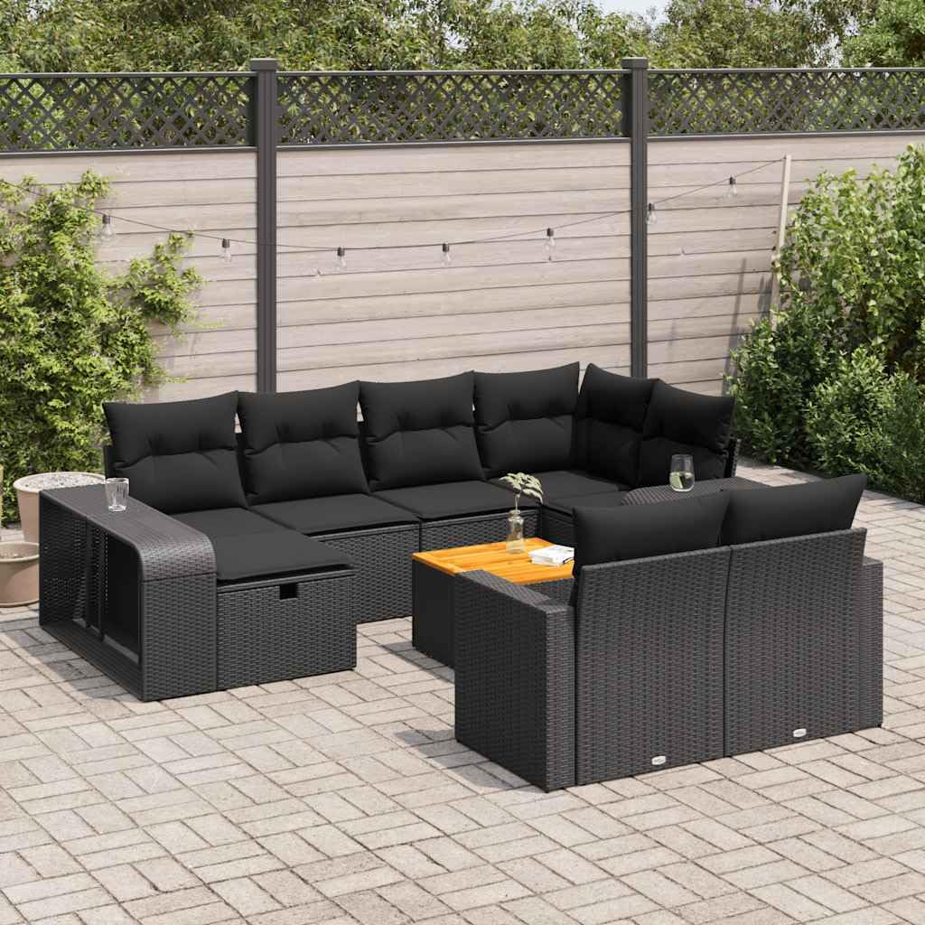 11-TLG Garten-Sofagarnitur mit Kissen Schwarz Poly Rattan wetterfestes Polyrattan Lounge Set für Terrasse Balkon mit Tisch Hocker Regal und Stauraum ideal für Outdoor Veranda und