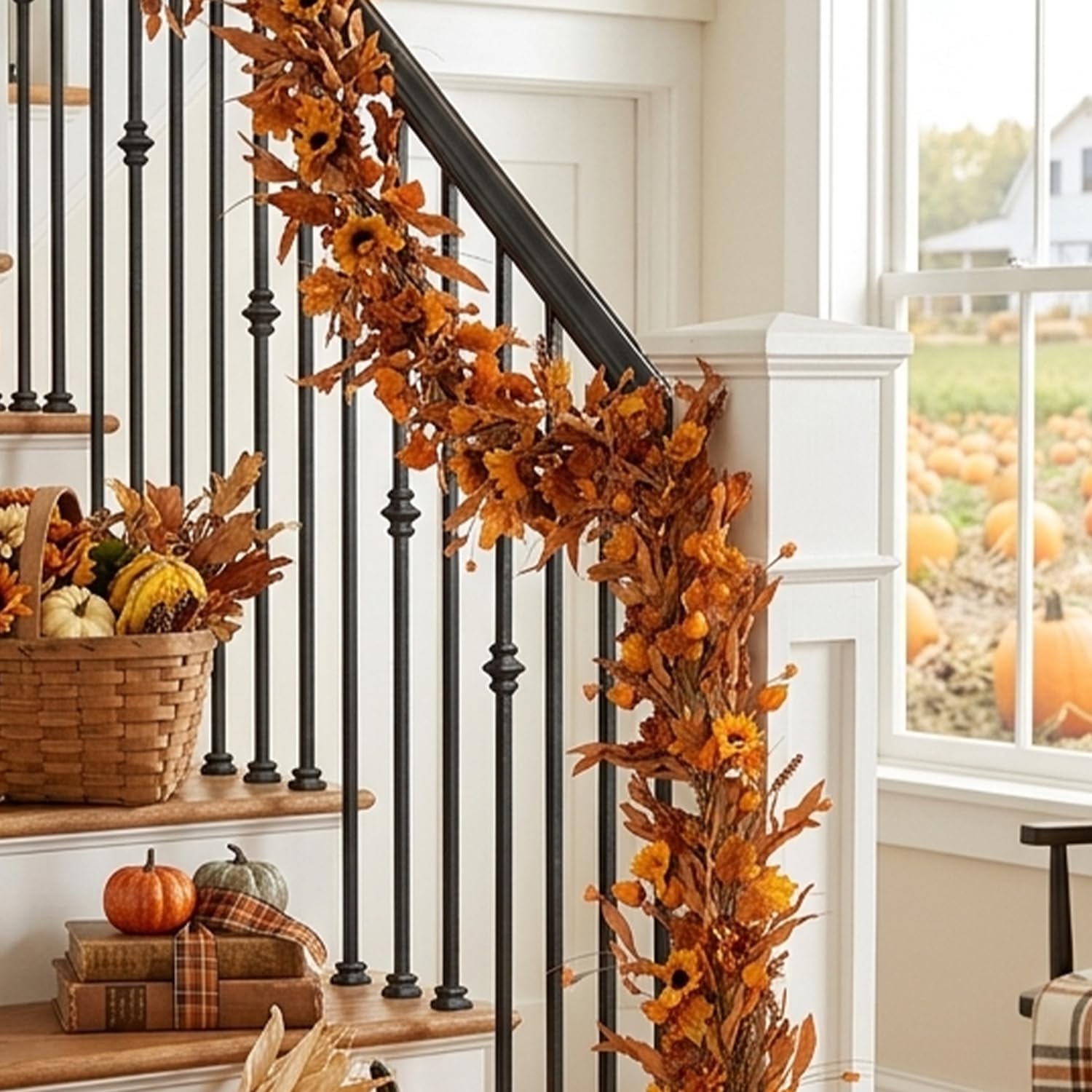 6 Ft Fall Garland for Mantle, Sunflower Autumn Garland with Maple Leaves