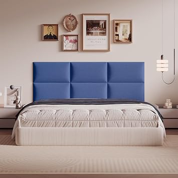 9-Piece Light Blue Upholstered Headboard Queen Size, Tufted Linen Headboard Wall Mounted, Coastal Fabric for Airy Bedroom