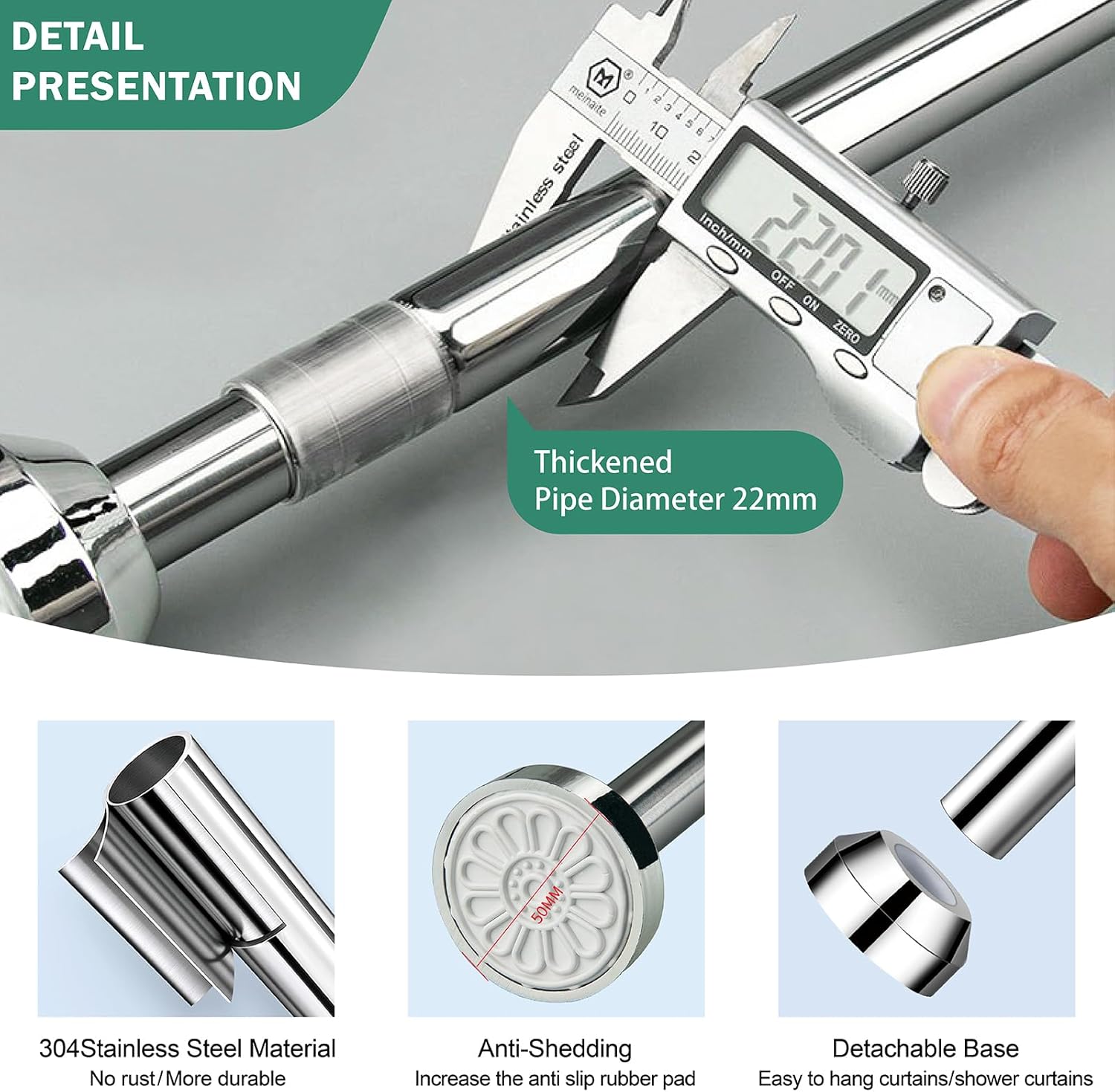 Shower Curtain Rod Adjustable Tension Spring 19.7-31.5 inch Shower Curtain Rod Tension 304 Stainless Steel Anti-Slip No Drilling No Rust for Bathroom Easy to use Silver