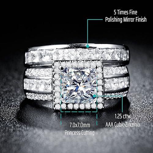 Miniatura 3 de 3Ct Princess Wedding Rings for Women Engagement Ring Set Bands 18k White Gold Plated Halo Cz Size 6-10