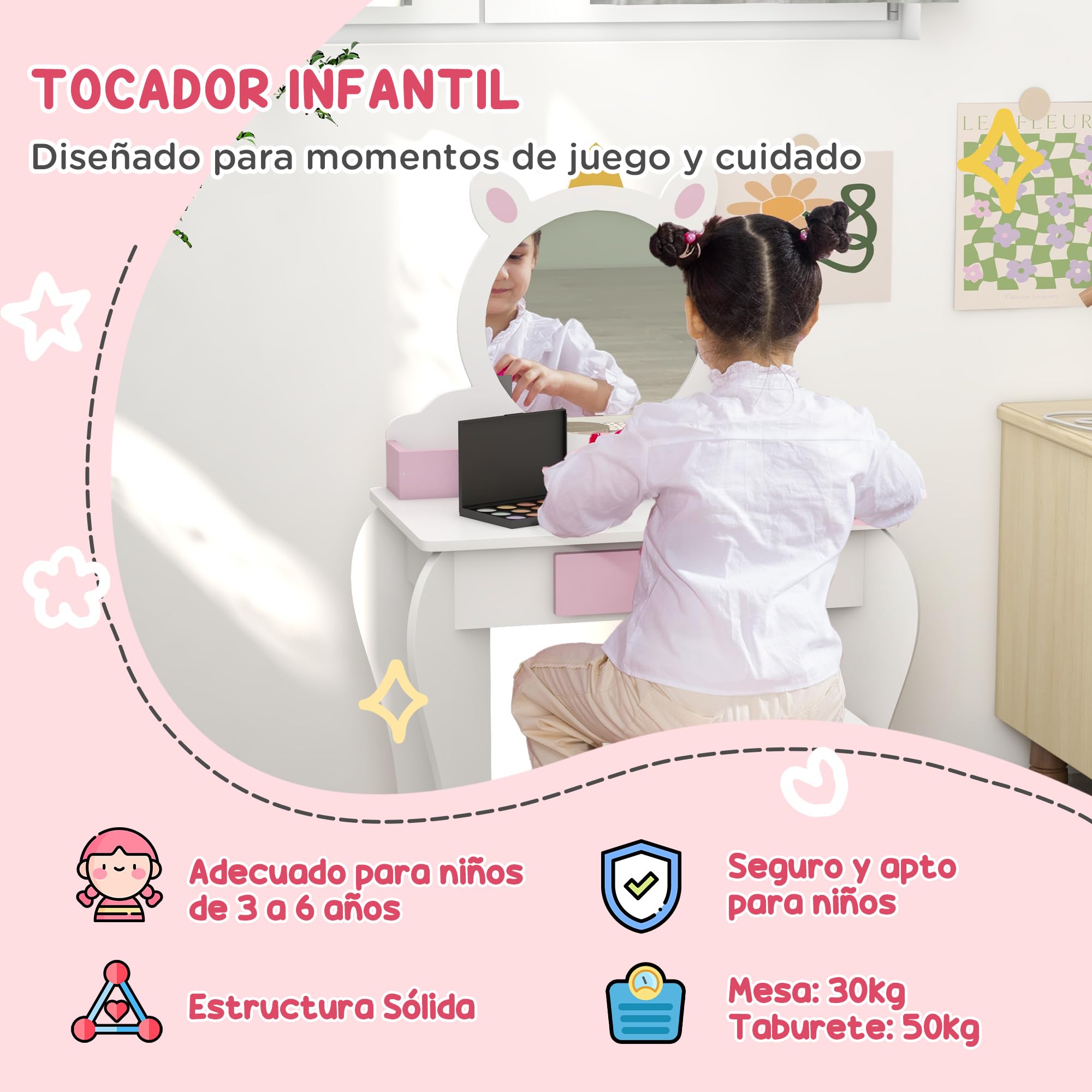 ZONEKIZ Tocador Infantil con Taburete y Espejo, Tocador para Niñas con Cajón, Compartimentos, Diseño de Unicornio, Mesa de Maquillaje para Niños y Niñas de 3-6 Años, Blanco