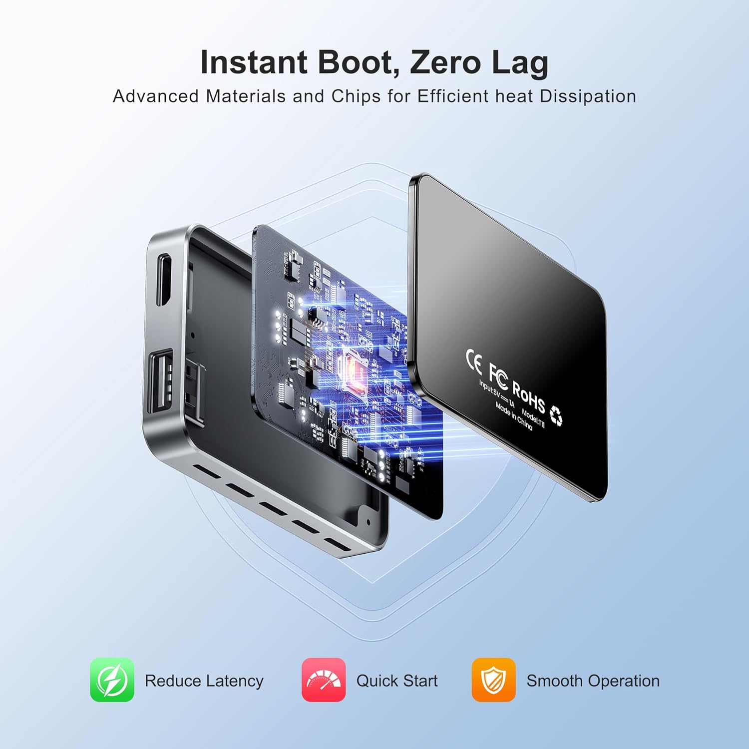 Exploded view of the AI Box showing internal components and heat dissipation features