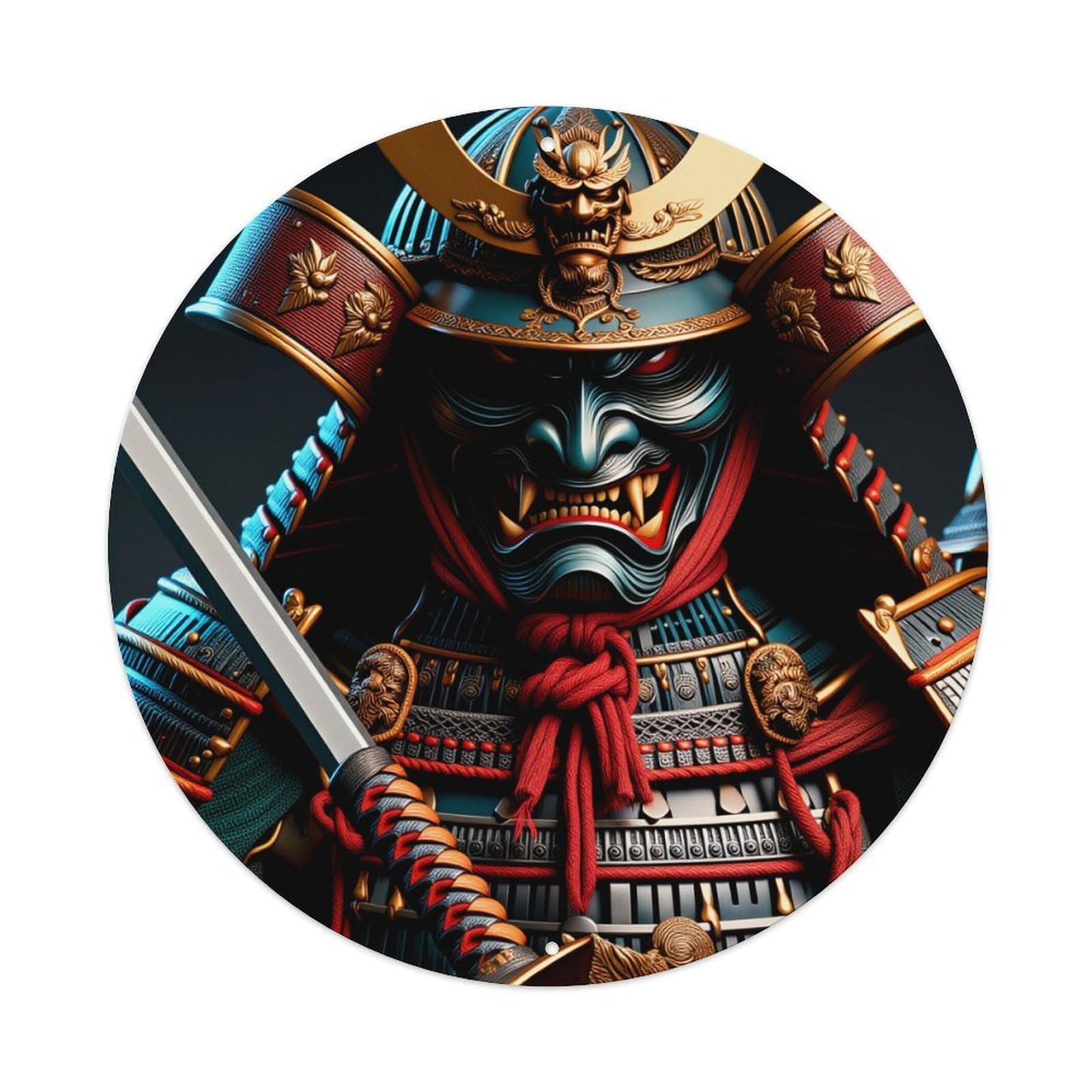 Samurai Warrior Armor Mask Sword Round Tin Sign Retro Metal Sign for Cafe Bar Pub Home Game Room Gym Club Wall Decoration Vintage Metal Poster 8x8 Inch
