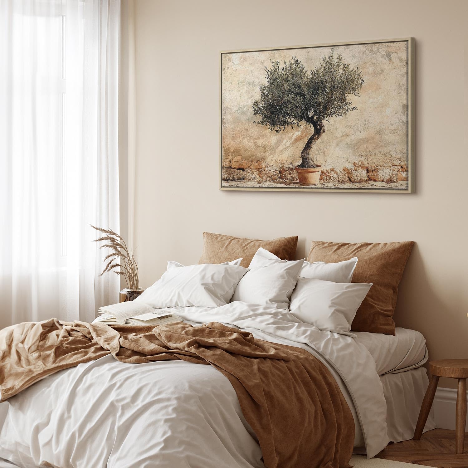 murando - Tableau decoration murale 120x80 cm - Impression sur toile avec cadre – Art décoratif moderne maison salon chambre - Olivier sur un mur beige - Olivier sur un fond rustique b-H-10235-b-a
