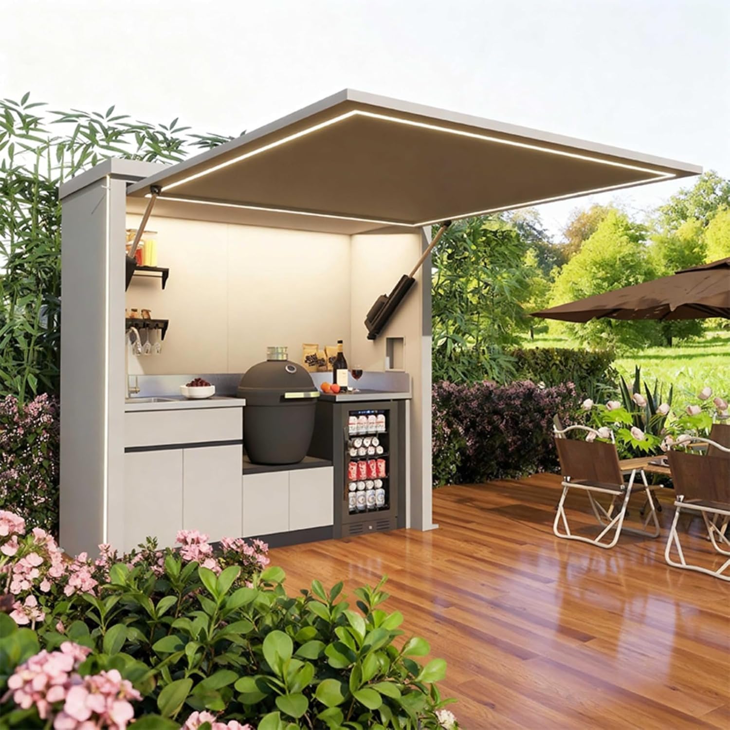 Outdoor Kitchen Pod Luxurious Patio Cooking Island Mobile Outdoor Kitchen Equipped with BBQ Grills, Ovens, Stove, Refrigerator