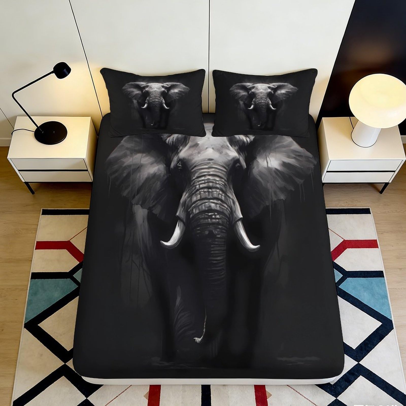 3D Printed Black Elephant Fitted Sheet Microfiber Soft Breathable Abstract Animal Bed Cover for Bedroom Guestroom Decor 90x200x25cm