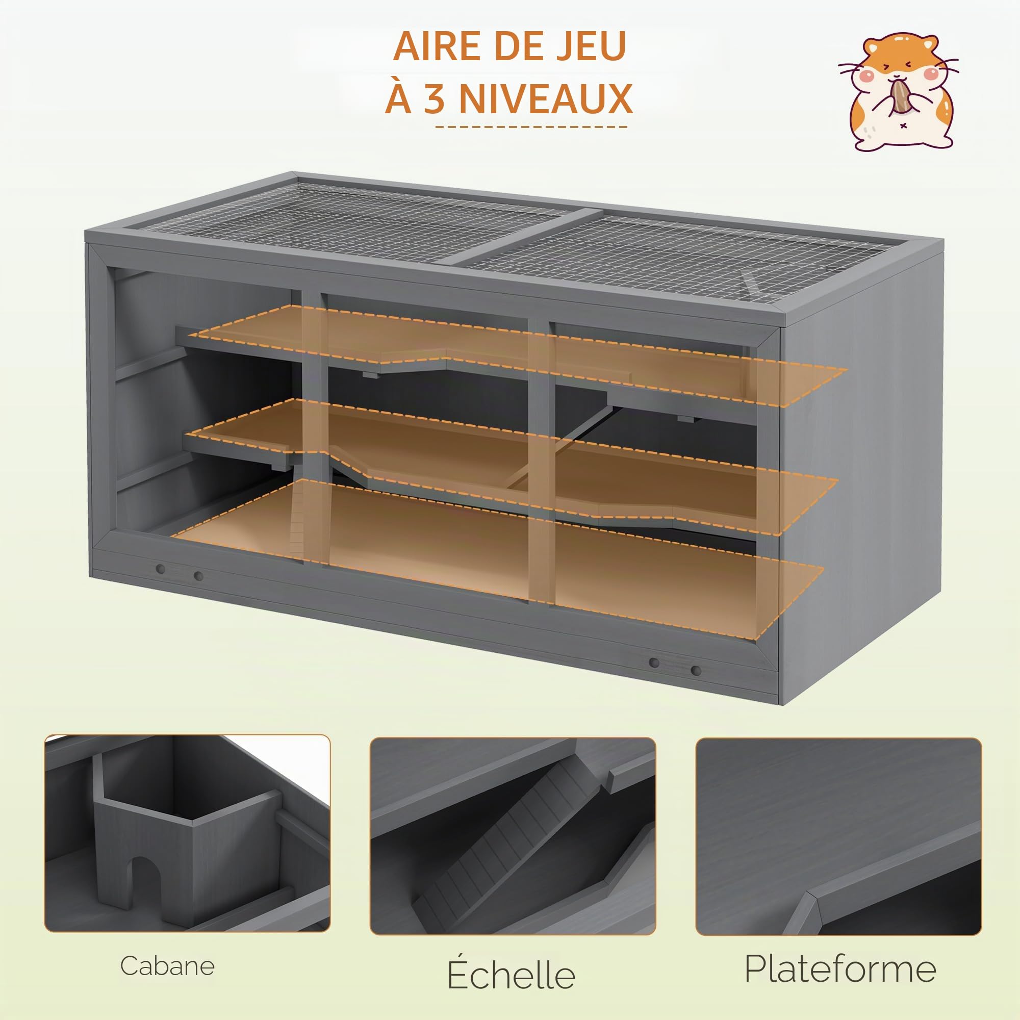 PawHut Cage à Hamster en Bois, Dessus ouvrant, pour Nain Naturel | Habitat pour petits animaux avec plateau, cage à gerbille