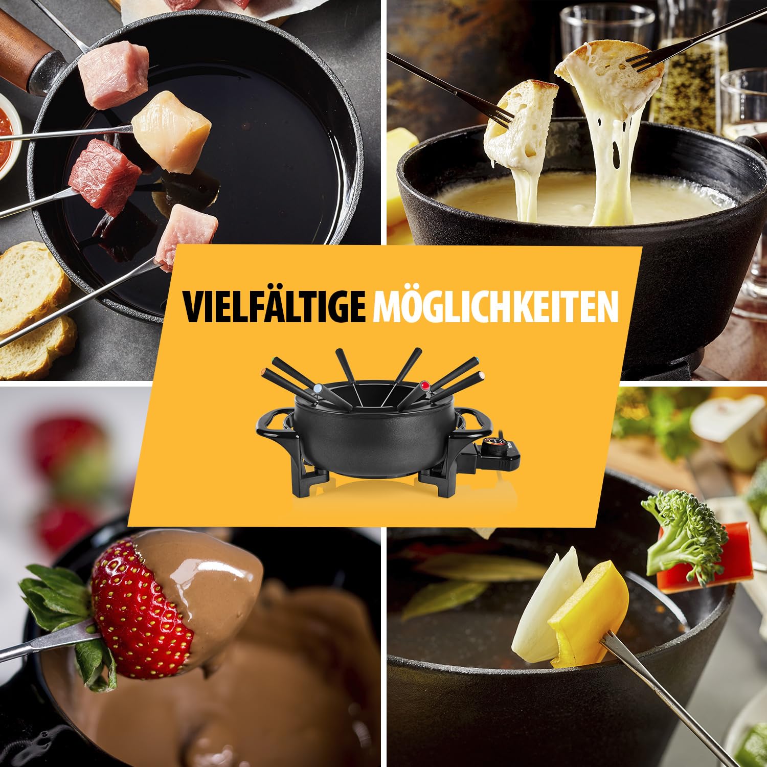 Tristar Fondue-Set 1,5 L für 8 Personen, 1000 Watt – Multifunktionaler Fonduetopf für Öl-, Käse-, Schokoladen- und China-Fondue, inkl. 8 Gabeln und Spritzschutzring, leicht zu reinigen