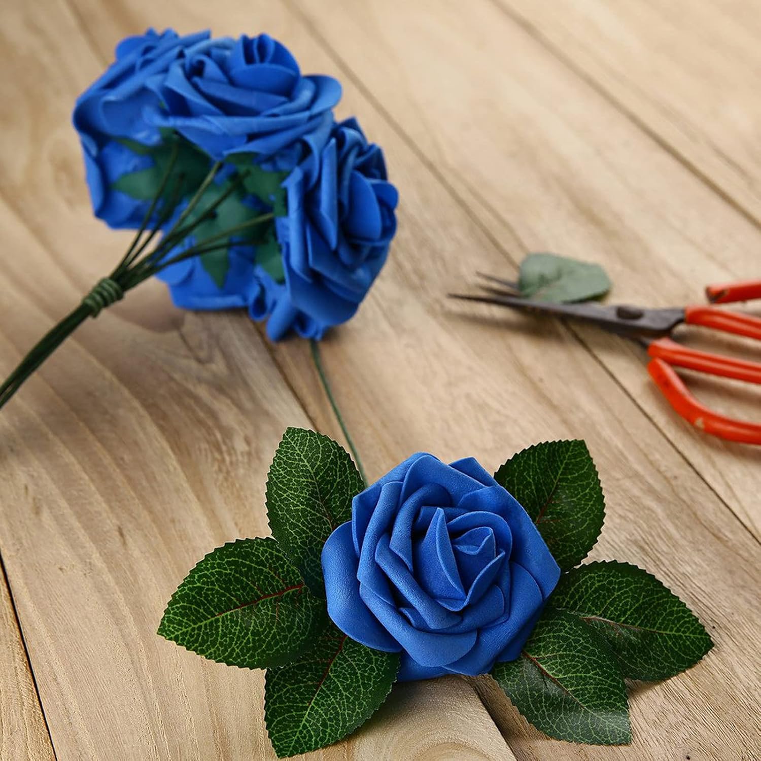 Febou Artificial Flowers 50pcs Real Touch Artificial Foam Roses with Stem for Decoration DIY Wedding Bouquets Centerpieces Arrangements Bridal Shower Party Home Decoration (Blue)