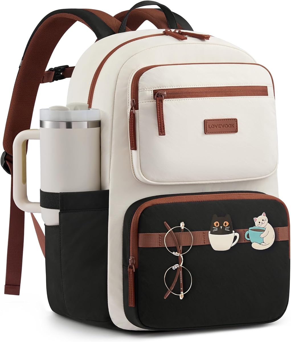 LOVEVOOK Laptop Backpack for Women, Work Teacher Backpack with Large Cup Holder, 15.6 Inch Computer Bookbag for Girls, College School Bag, Black White Brown