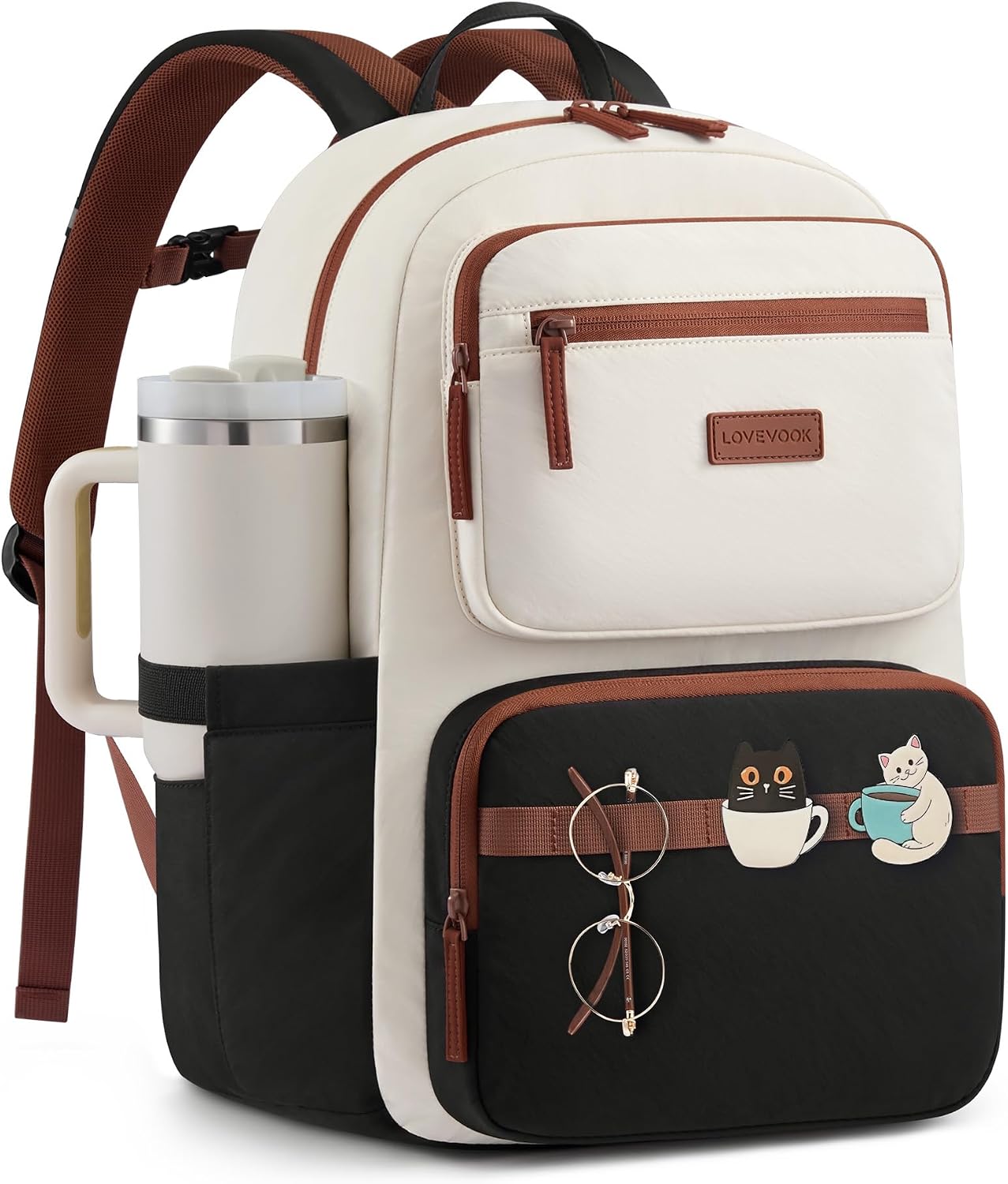  School Backpack for Girls,Women Laptop Backpack with Water Bottle Holder,Lightweight Work Teacher Bag, College Bookbag, Nurse bag,Beige-Black-Brown