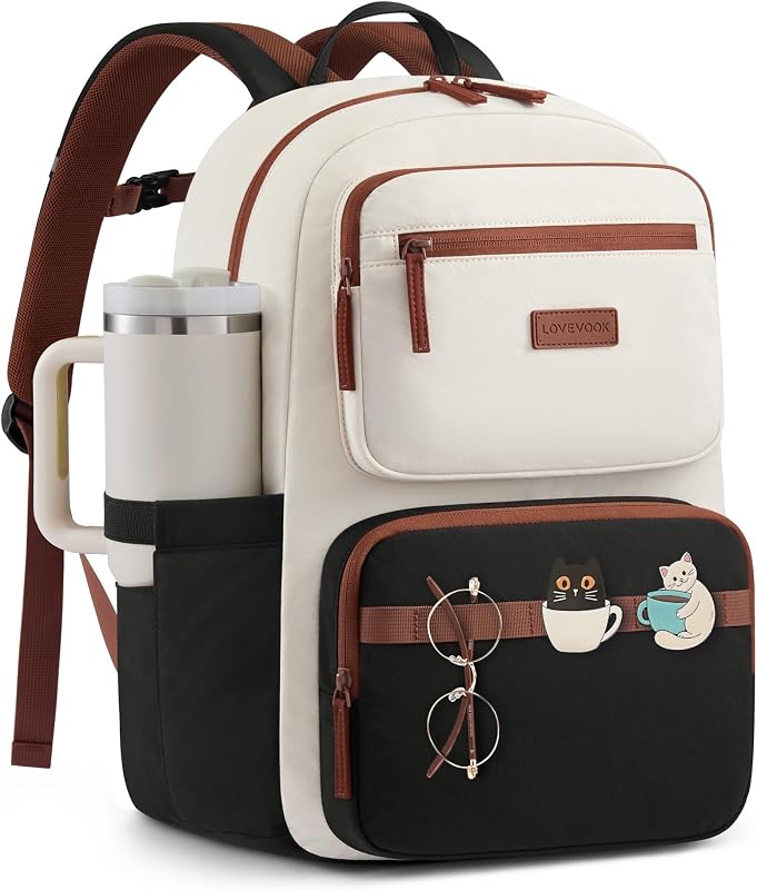 LOVEVOOK Laptop Backpack for Women, Work Teacher Backpack with Large Cup Holder, 15.6 Inch Computer Bookbag for Girls, College School Bag, Black White Brown