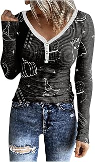 WANZZXCSL Long Sleeve Low Cut Winter Pullover for Women Birthday Encanto Soft Polyeste V Neck Buttons Fitted Star Tops for Women