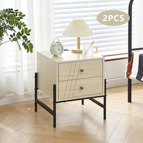 Miniatura 2 de Mesita de noche con estación de carga y 2 puertos USB, 2 cajones y estante de metal, mesa auxiliar para dormitorio, sala de estar, juego de 2